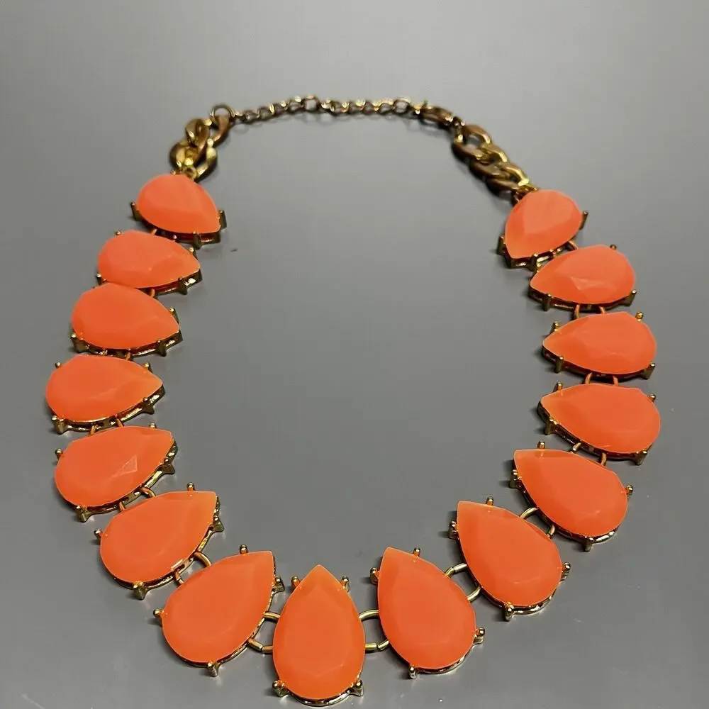 Statement Bib Necklace Gold Tone Peach‎ Teardrop Faceted Stones Adjustable Chain